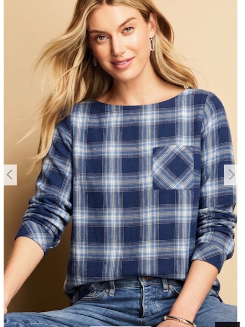 J. Jill M Blue Plaid button back Boatneck Long-Sleeve cotton Fall blouse